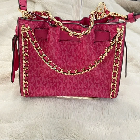 Michael Kors Mina Signature Logo Chain Pink Crossbody Shoulder Bag New - Picture 3 of 16